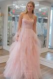 Prom Dress 2025 Pink Strapless Ruffled Prom Dresses Sheer Boned Bodice Sparkly Tulle 24361-unique elegant Prom Dresses-Pink-Custom Size-vigocouture