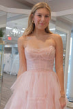 Prom Dress 2025 Pink Strapless Ruffled Prom Dresses Sheer Boned Bodice Sparkly Tulle 24361-unique elegant Prom Dresses-Pink-Custom Size-vigocouture