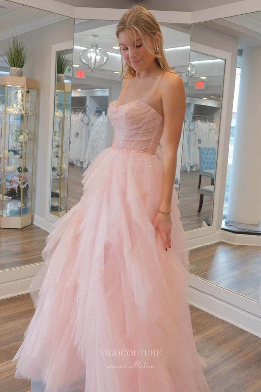 Prom Dress 2025 Pink Strapless Ruffled Prom Dresses Sheer Boned Bodice Sparkly Tulle 24361-unique elegant Prom Dresses-Pink-Custom Size-vigocouture