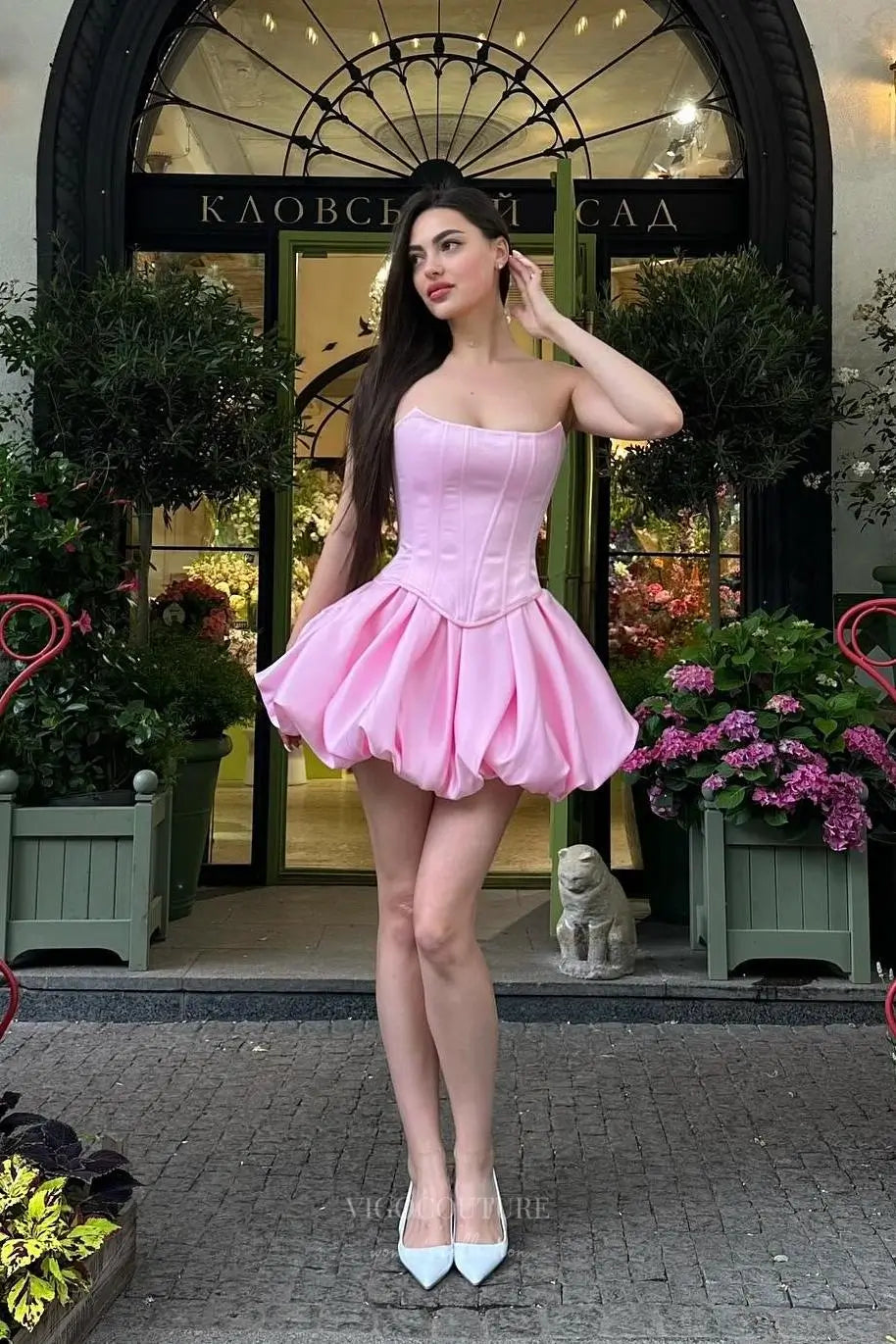 Prom Dresses 2025 to impress Pink Strapless Satin Corset Homecoming Dress with Bubble Skirt and Lace-Up Back – HC505-vigocouture-vigocouture