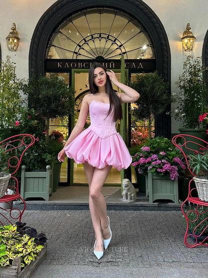 Prom Dresses 2025 to impress Pink Strapless Satin Corset Homecoming Dress with Bubble Skirt and Lace-Up Back – HC505-vigocouture-vigocouture