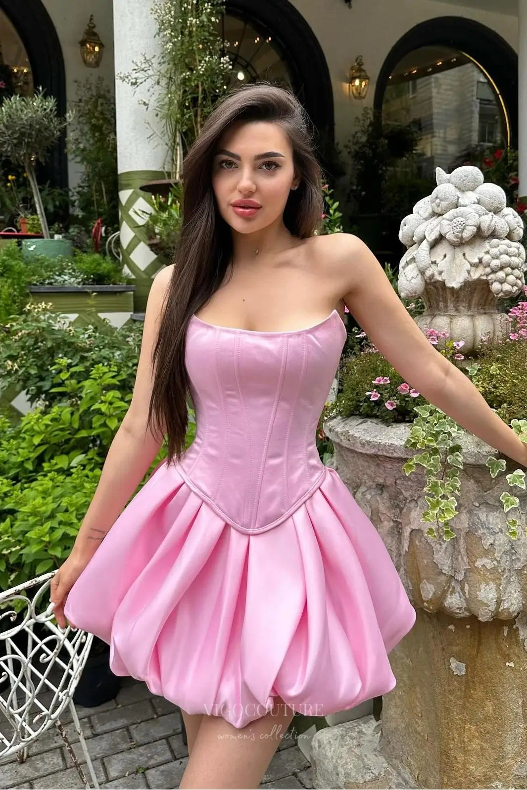 Pink Strapless Satin Corset Homecoming Dress with Bubble Skirt – HC505 – vigocouture