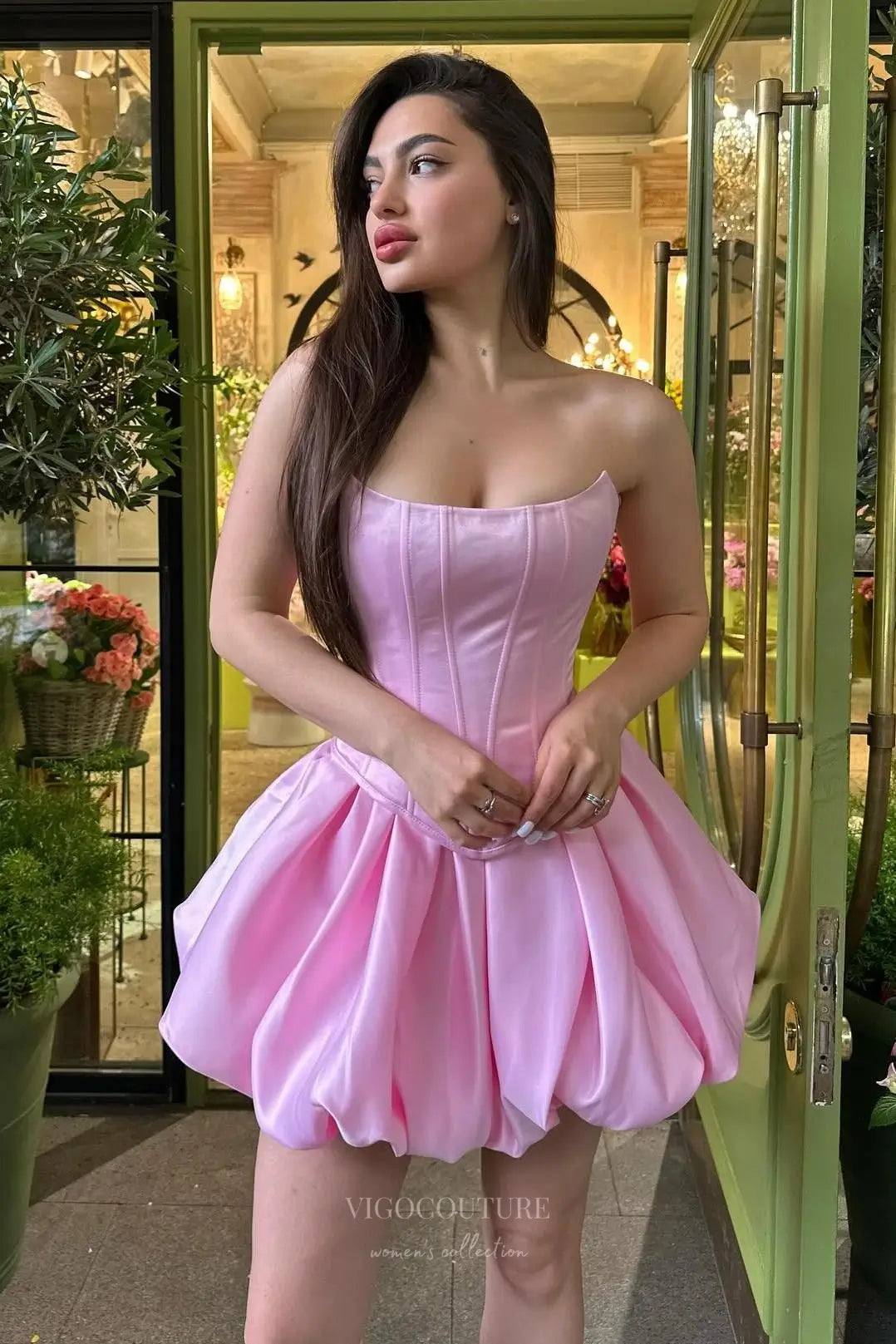 Pink Strapless Satin Corset Homecoming Dress with Bubble Skirt and Lace-Up Back – HC505
