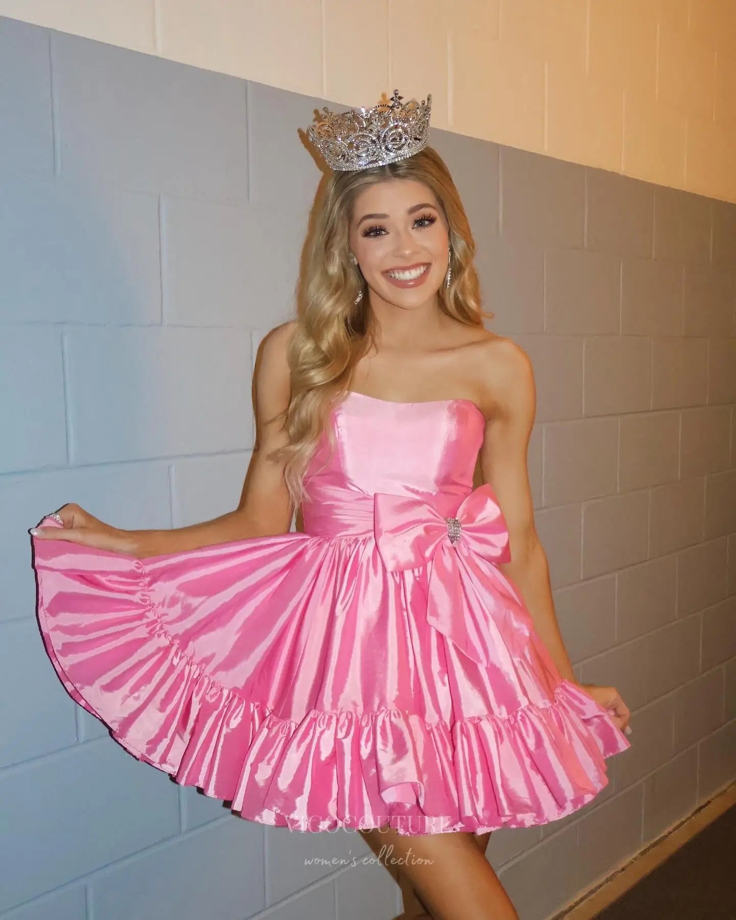 Pink Strapless Satin Homecoming Dress with Oversized Bow and Ruffle Hem – HC501