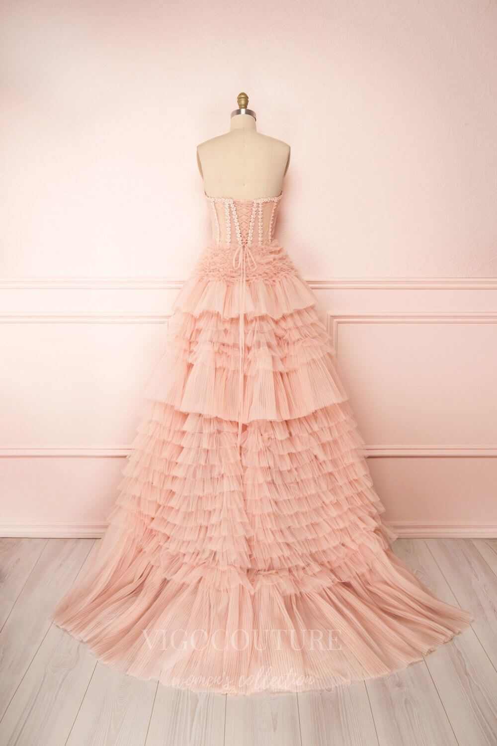 Prom Dress 2025 Pink Strapless Tiered Prom Dress 20585-unique elegant Prom Dresses-Pink-US2-vigocouture