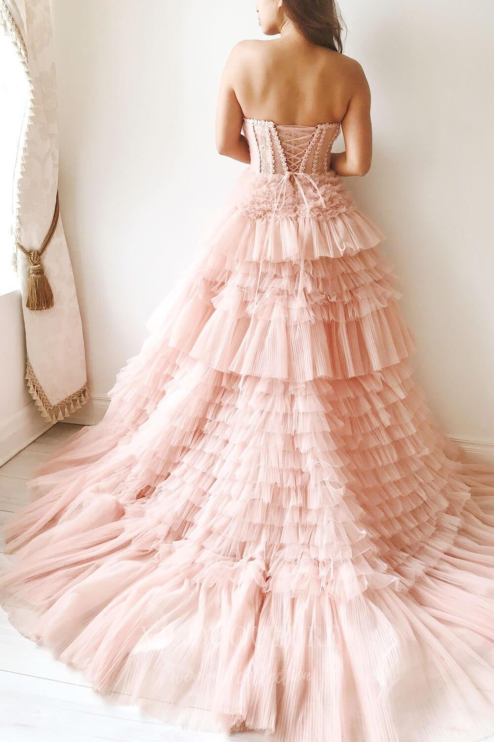 Prom Dress 2025 Pink Strapless Tiered Prom Dress 20585-unique elegant Prom Dresses-Pink-US2-vigocouture