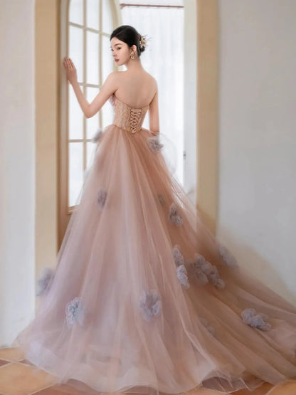 Prom Dresses 2025 to impress Pink Strapless Tiered Ruffled Formal Gown with Beaded Bodice & 3D Flower Bottom – Style 25301-vigocouture-vigocouture