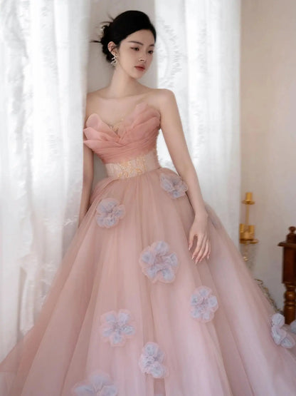 Prom Dresses 2025 to impress Pink Strapless Tiered Ruffled Formal Gown with Beaded Bodice & 3D Flower Bottom – Style 25301-vigocouture-vigocouture