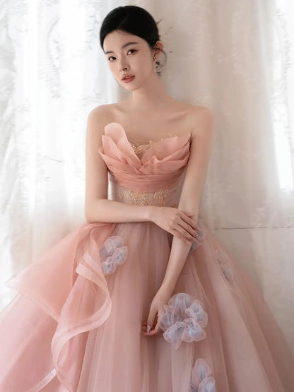 Prom Dresses 2025 to impress Pink Strapless Tiered Ruffled Formal Gown with Beaded Bodice & 3D Flower Bottom – Style 25301-vigocouture-vigocouture
