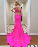 Pink Stretchy Satin Mermaid Prom Dresses Spaghetti Strap Evening Dress 20843