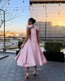 Short Prom Dresses 2025 Pink Tea-Length Prom Dresses Halter Neck Satin Homecoming Dress 21807-Prom Dresses-vigocouture-vigocouture