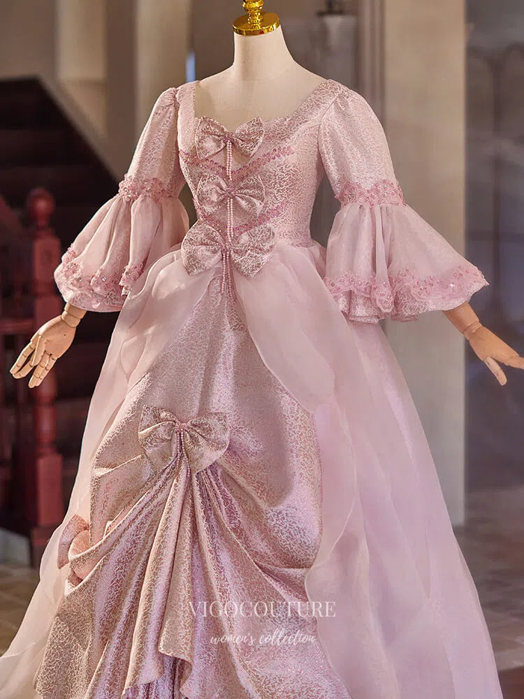 Pink Tiered Bow-Tie Vintage Princess Dress Puffed Sleeve Quinceanera Dresses 25042 Pink / 18w Pink Tiered Bow-Tie Vintage Princess Dress Puffed Sleeve Quinceanera Dresses 25042 Pink / 18w