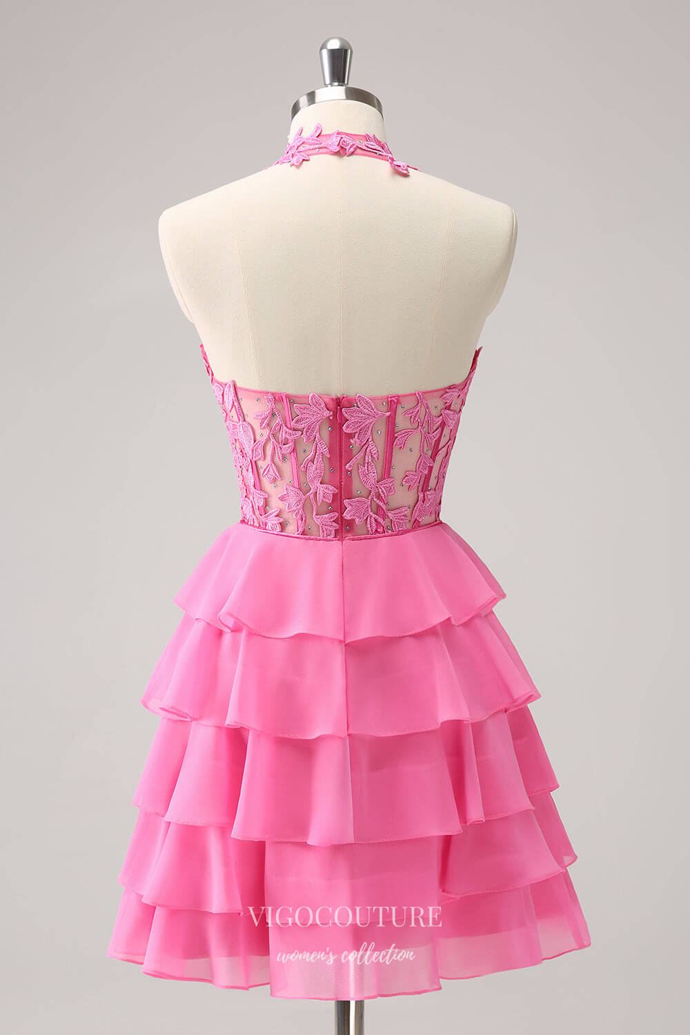 Pink Tiered Lace Applique Homecoming Dresses Halter Chiffon Back to School Dress hc400 Pink / US12 Pink Tiered Lace Applique Homecoming Dresses Halter Chiffon Back to School Dress hc400 Pink / US12
