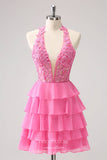 Pink Tiered Lace Applique Homecoming Dresses Halter Chiffon Back to School Dress hc400