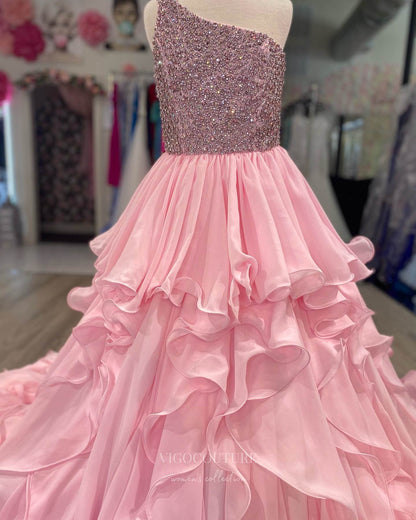 Prom Dress 2025 Pink Tiered One Shoulder Prom Dresses Full Beaded Bodice 24310-unique elegant Prom Dresses-Pink-Custom Size-vigocouture
