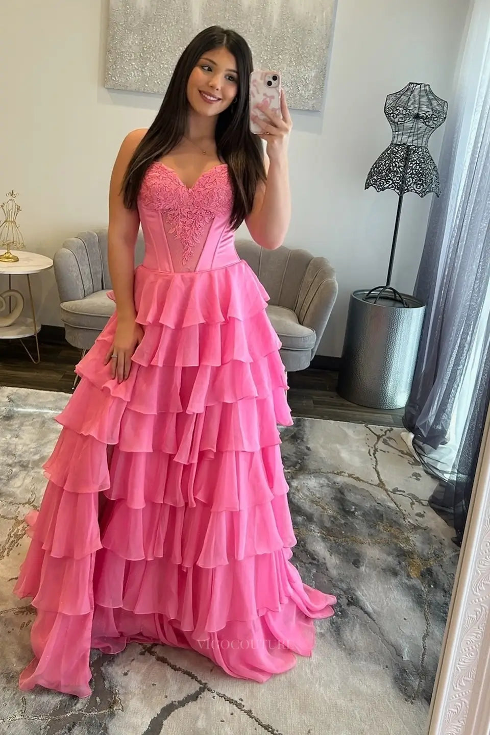 Pink Tiered Ruffle Prom Dress with Lace Corset Bodice, Front Slit & Sweetheart Neckline 26151 - Custom Colors(Add Note in Cart) / US 2 Pink Tiered Ruffle Prom Dress with Lace Corset Bodice, Front Slit & Sweetheart Neckline 26151 - Custom Colors(Add Note in Cart) / US 2