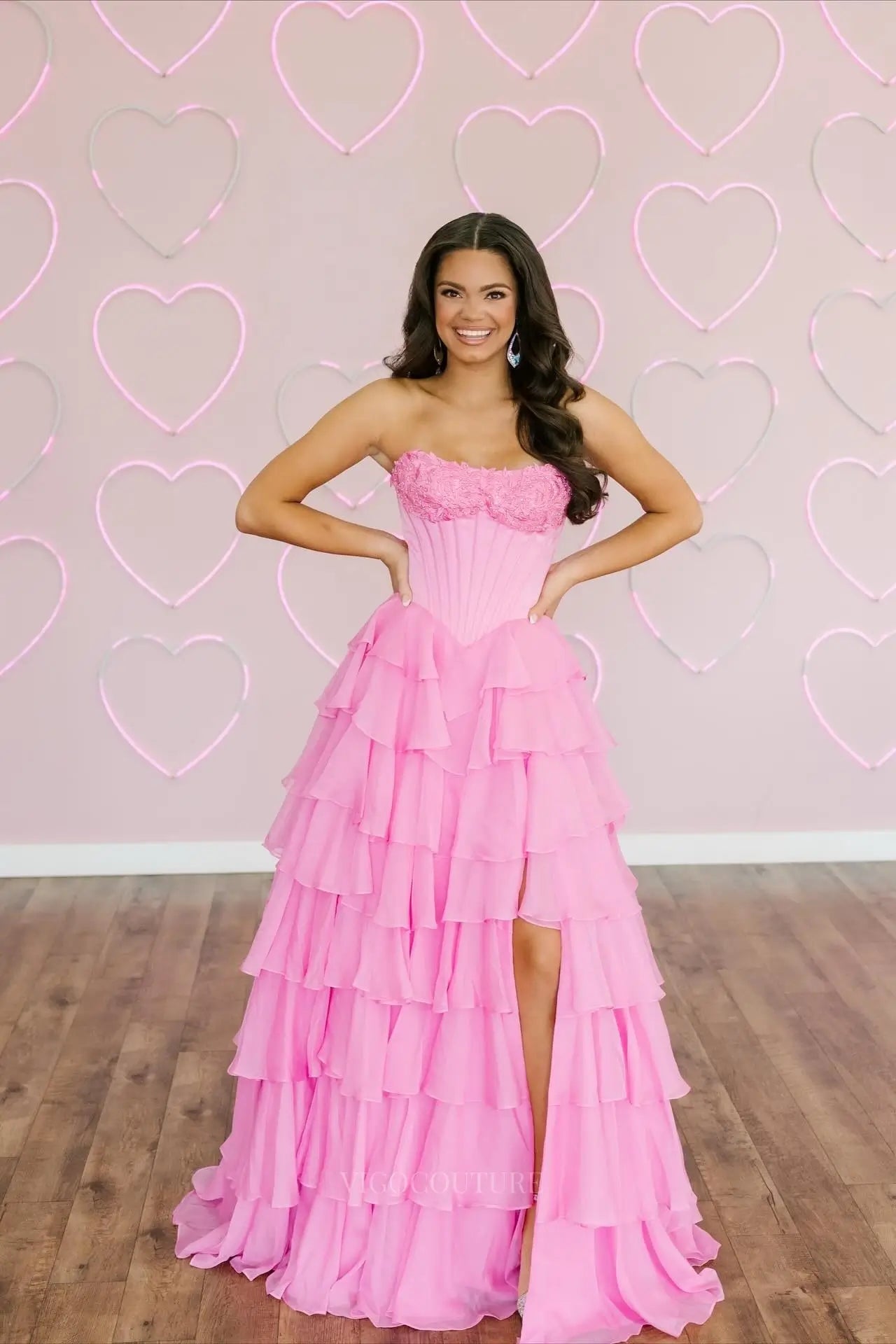 Prom Dresses 2025 to impress Pink Tiered Ruffle Prom Dress with Lace Sweetheart Corset Bodice and High Slit – 26156-vigocouture-vigocouture