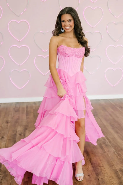 Prom Dresses 2025 to impress Pink Tiered Ruffle Prom Dress with Lace Sweetheart Corset Bodice and High Slit – 26156-vigocouture-vigocouture