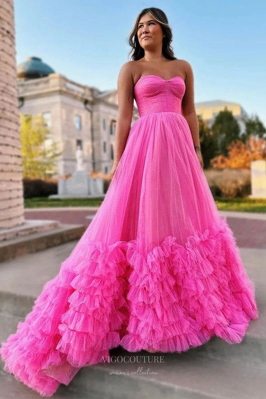 Prom Dress 2025 Pink Tiered Ruffled Prom Dresses Strapless Layered Formal Gown 24358-unique elegant Prom Dresses-Pink-Custom Size-vigocouture