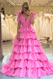 Prom Dress 2025 Pink Tiered Ruffled Prom Dresses with Slit Bow-Tie Pleated V-Neck 24459-unique elegant Prom Dresses-Pink-Custom Size-vigocouture