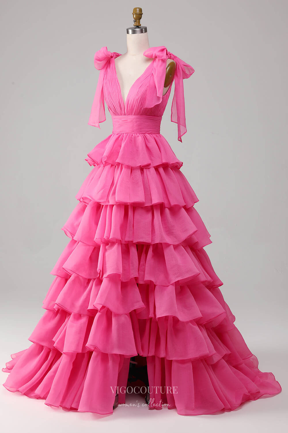 Prom Dress 2025 Pink Tiered Ruffled Prom Dresses with Slit Bow-Tie Pleated V-Neck 24459-unique elegant Prom Dresses-Pink-Custom Size-vigocouture