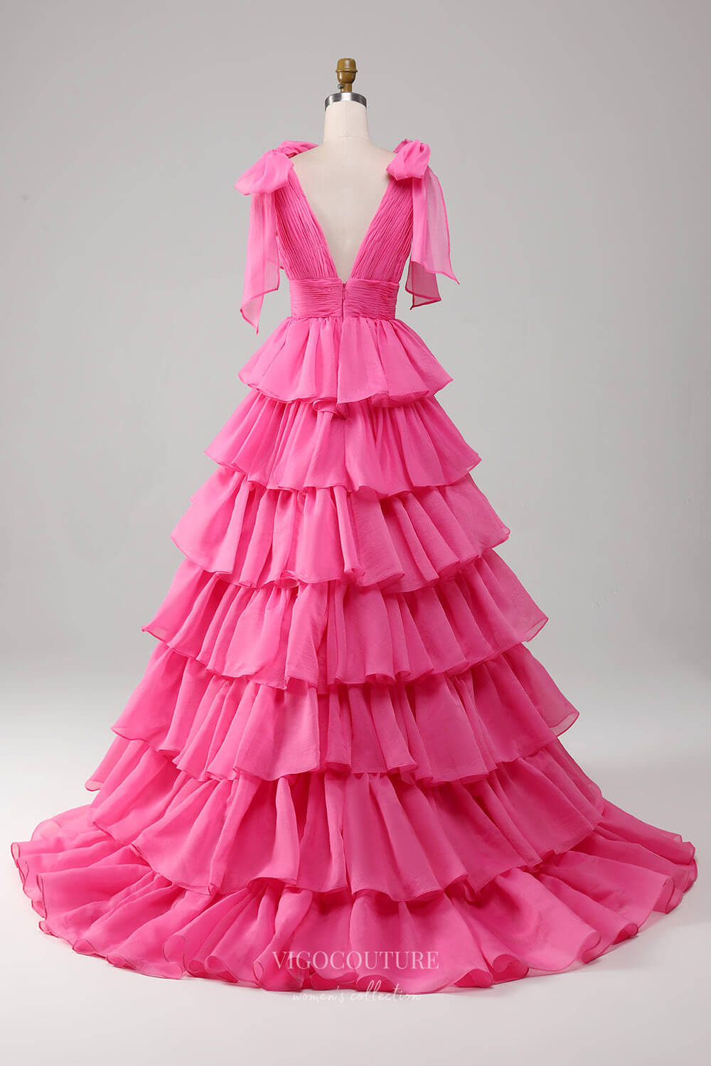 Prom Dress 2025 Pink Tiered Ruffled Prom Dresses with Slit Bow-Tie Pleated V-Neck 24459-unique elegant Prom Dresses-Pink-Custom Size-vigocouture