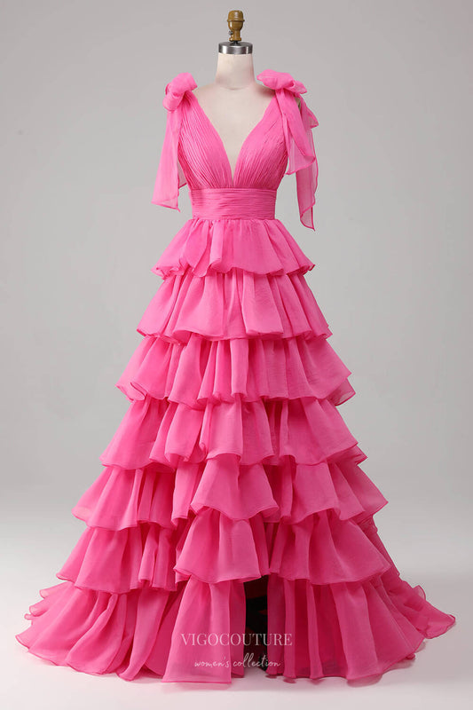 Prom Dress 2025 Pink Tiered Ruffled Prom Dresses with Slit Bow-Tie Pleated V-Neck 24459-unique elegant Prom Dresses-Pink-Custom Size-vigocouture