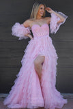 Prom Dress 2025 Pink Tiered Sheer Lace Applique Prom Dresses with Slit Removable Puffed Sleeve 24282-unique elegant Prom Dresses-Pink-Custom Size-vigocouture