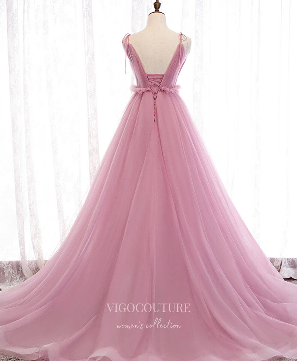 Prom Dress 2025 Pink Tulle Prom Dresses Spaghetti Strap Evening Dress 21824-unique elegant Prom Dresses-Pink-US2-vigocouture