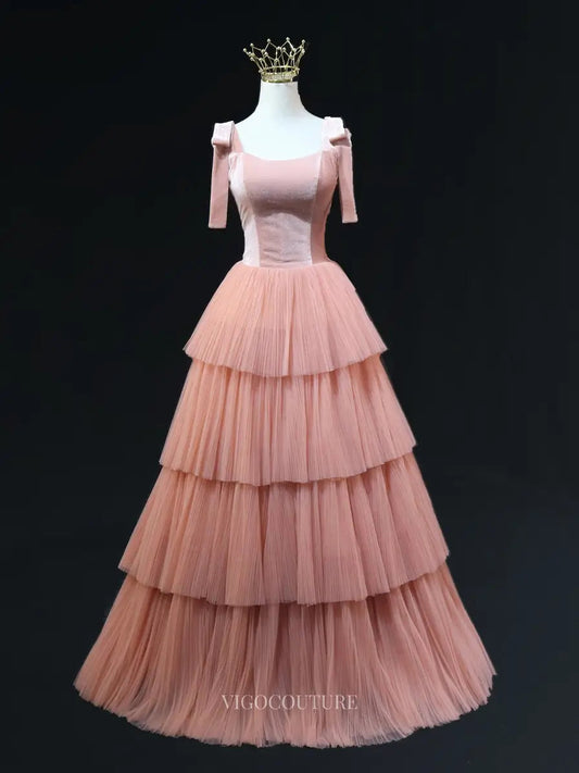 Prom Dresses 2025 to impress Pink Tulle Prom Dresses with Velvet Bodice, Tiered Bottom, Wide Strap, Princess Dresses SU054-vigocouture-Pink-Custom Size-vigocouture