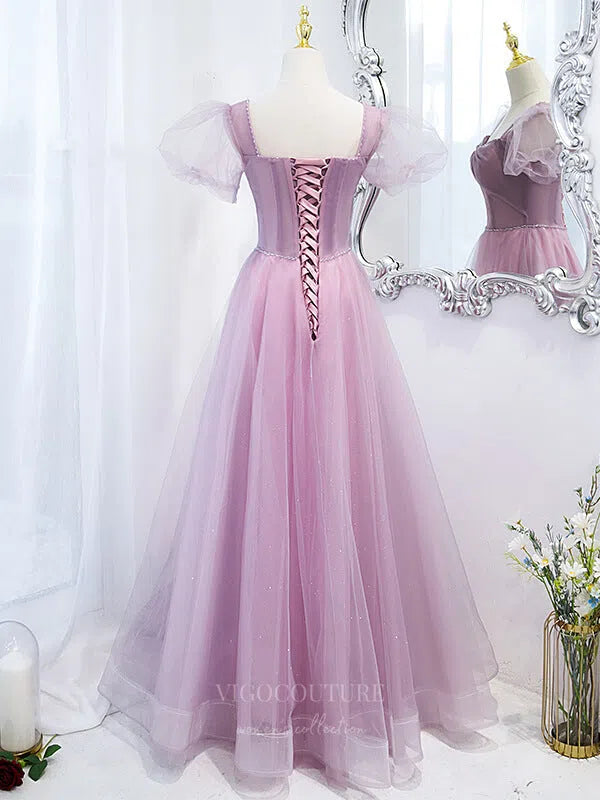 Prom Dress 2025 Pink Tulle Puffed Sleeve Sweetheart Neck Prom Dress 20874-unique elegant Prom Dresses-Pink-Custom Size-vigocouture