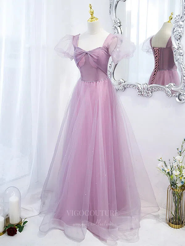 Prom Dress 2025 Pink Tulle Puffed Sleeve Sweetheart Neck Prom Dress 20874-unique elegant Prom Dresses-Pink-Custom Size-vigocouture