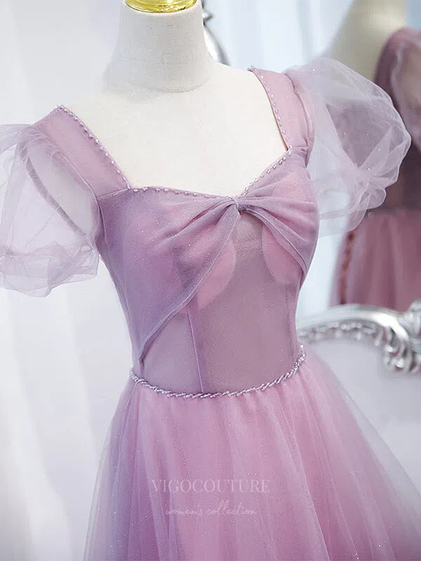 Prom Dress 2025 Pink Tulle Puffed Sleeve Sweetheart Neck Prom Dress 20874-unique elegant Prom Dresses-Pink-Custom Size-vigocouture