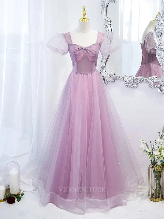 Prom Dress 2025 Pink Tulle Puffed Sleeve Sweetheart Neck Prom Dress 20874-unique elegant Prom Dresses-Pink-Custom Size-vigocouture