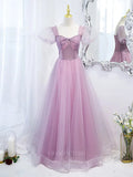 Pink Tulle Puffed Sleeve Sweetheart Neck Prom Dress 20874