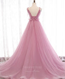 Prom Dress 2025 Pink Tulle Spaghetti Strap Plunging V-Neck Prom Dress 20910-unique elegant Prom Dresses-Pink-Custom Size-vigocouture