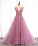 Prom Dress 2025 Pink Tulle Spaghetti Strap Plunging V-Neck Prom Dress 20910-unique elegant Prom Dresses-Pink-Custom Size-vigocouture