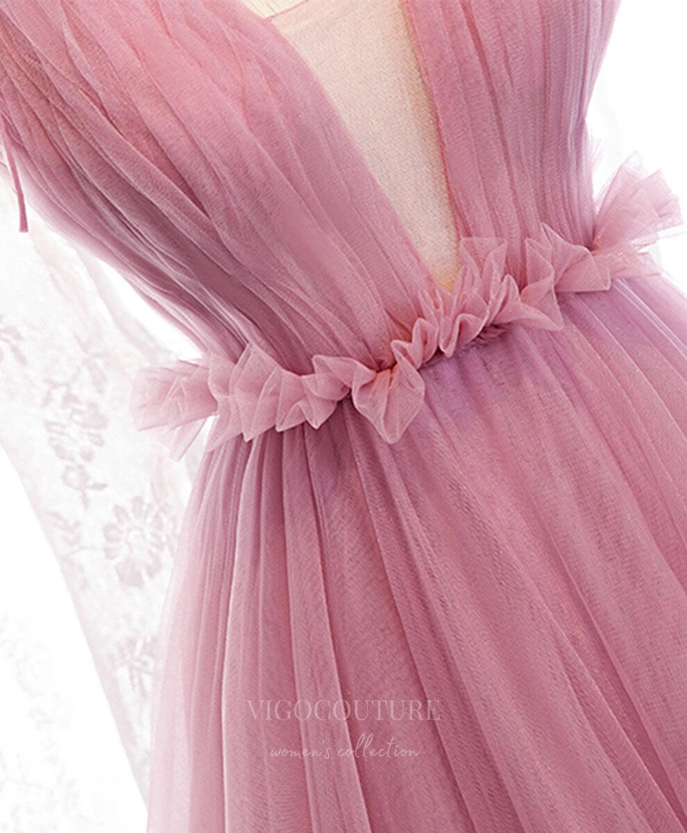 Prom Dress 2025 Pink Tulle Spaghetti Strap Plunging V-Neck Prom Dress 20910-unique elegant Prom Dresses-Pink-Custom Size-vigocouture