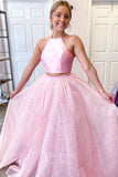 Pink Two-Piece Prom Dresses Sparkly Tulle Halter Neck Evening Dress 21729