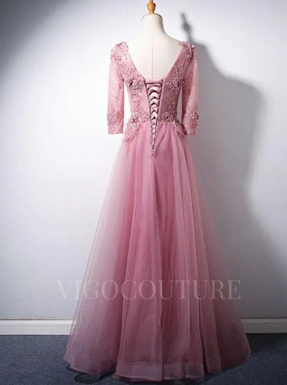 Prom Dress 2025 Pink V-Neck Lace Applique Prom Dress 2022 Half Sleeve Prom Gown-unique elegant Prom Dresses-Pink-US2-vigocouture