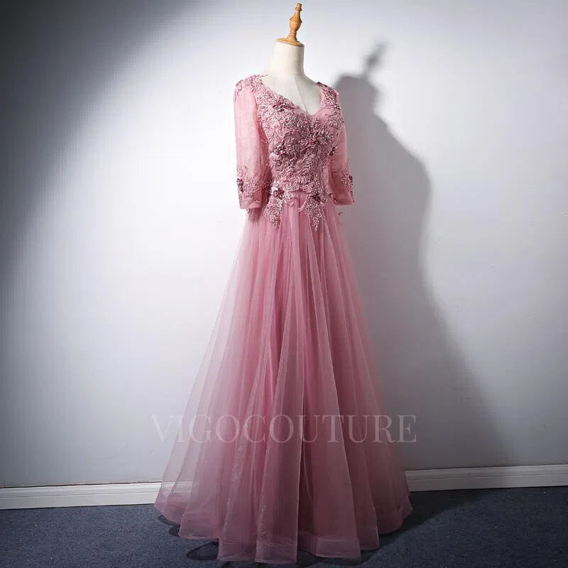 Prom Dress 2025 Pink V-Neck Lace Applique Prom Dress 2022 Half Sleeve Prom Gown-unique elegant Prom Dresses-Pink-US2-vigocouture