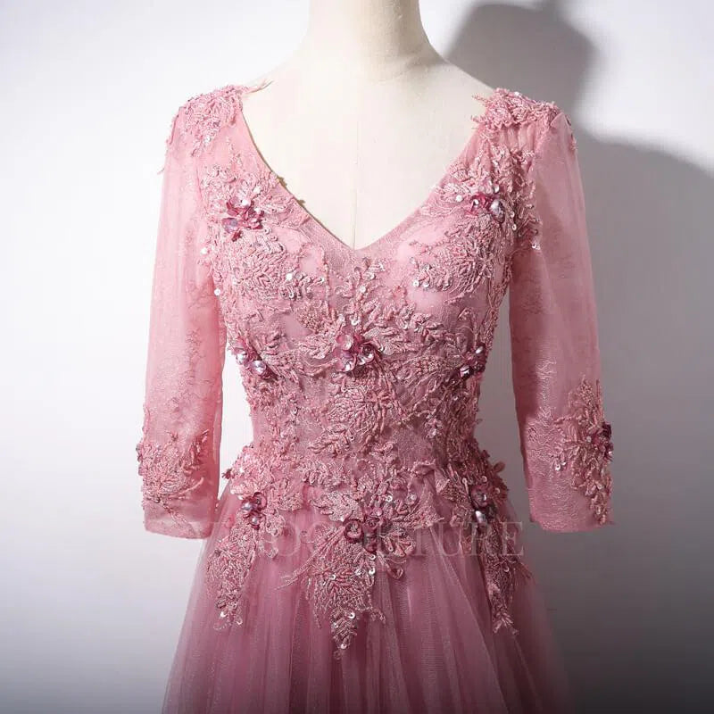 Prom Dress 2025 Pink V-Neck Lace Applique Prom Dress 2022 Half Sleeve Prom Gown-unique elegant Prom Dresses-Pink-US2-vigocouture