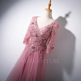 Prom Dress 2025 Pink V-Neck Lace Applique Prom Dress 2022 Half Sleeve Prom Gown-unique elegant Prom Dresses-Pink-US2-vigocouture