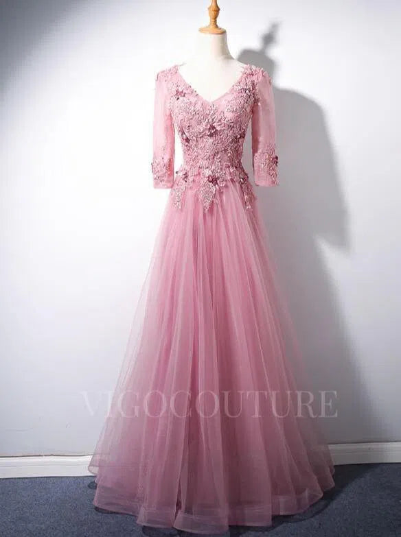 Prom Dress 2025 Pink V-Neck Lace Applique Prom Dress 2022 Half Sleeve Prom Gown-unique elegant Prom Dresses-Pink-US2-vigocouture