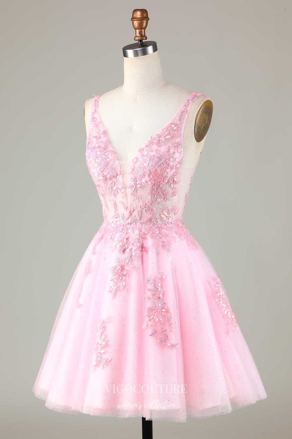 Pink V-Neck Sparkly Homecoming Dresses Lace Applique Graduation Dress vigocouture Pink V-Neck Sparkly Homecoming Dresses Lace Applique Graduation Dress vigocouture