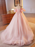 Prom Dress 2025 Pink Wrinkled Organza Rosette Prom Dresses Off the Shoulder Puffed Sleeve Quinceanera Dress 24404-unique elegant Prom Dresses-Pink-Custom Size-vigocouture