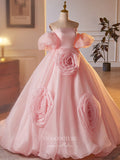 Prom Dress 2025 Pink Wrinkled Organza Rosette Prom Dresses Off the Shoulder Puffed Sleeve Quinceanera Dress 24404-unique elegant Prom Dresses-Pink-Custom Size-vigocouture