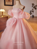 Prom Dress 2025 Pink Wrinkled Organza Rosette Prom Dresses Off the Shoulder Puffed Sleeve Quinceanera Dress 24404-unique elegant Prom Dresses-Pink-Custom Size-vigocouture