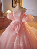 Prom Dress 2025 Pink Wrinkled Organza Rosette Prom Dresses Off the Shoulder Puffed Sleeve Quinceanera Dress 24404-unique elegant Prom Dresses-Pink-Custom Size-vigocouture