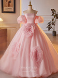 Prom Dress 2025 Pink Wrinkled Organza Rosette Prom Dresses Off the Shoulder Puffed Sleeve Quinceanera Dress 24404-unique elegant Prom Dresses-Pink-Custom Size-vigocouture